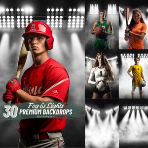 May include: A collage of four images featuring athletes in various sports poses against a backdrop of stadium lights and fog. The images are arranged in a grid format. The top left image shows a baseball player holding a bat, the top right image shows a softball player holding a bat, the bottom left image shows a volleyball player holding a volleyball, and the bottom right image shows a soccer player holding a soccer ball.