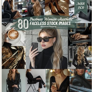 May include: A collage of images featuring a woman in a black blazer, a cup of coffee, a laptop, a car, a phone, and a handbag. The text "80 Business Woman Aesthetic Faceless Stock Images @SummerPaperie" is displayed on the collage.