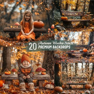 May include: A composite image featuring children and benches in an autumn forest setting. The image includes pumpkins, mushrooms, and fall foliage. Text on the image reads "Autumn Wooden Bench 20 Premium Backdrops."