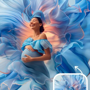 May include: A pregnant woman in a light blue dress smiles as she stands in front of a large, blue, floral backdrop. The backdrop is made of fabric and has a soft, flowing texture. The text "50 PREMIUM BACKDROPS" and "@SummerPapperie" is visible in the top right corner of the image.