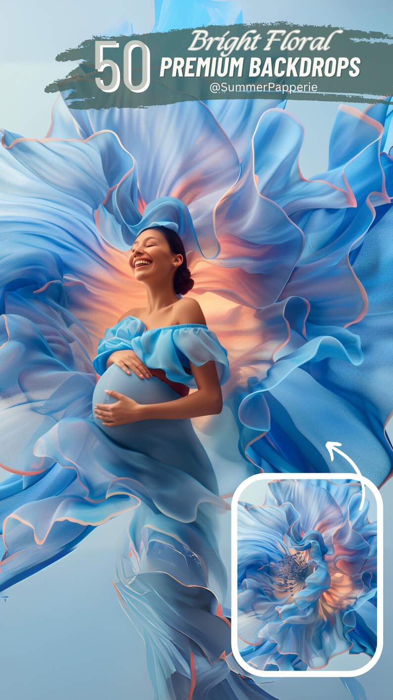 May include: A pregnant woman in a light blue dress smiles as she stands in front of a large, blue, floral backdrop. The backdrop is made of fabric and has a soft, flowing texture. The text "50 PREMIUM BACKDROPS" and "@SummerPapperie" is visible in the top right corner of the image.