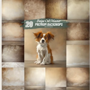 May include: A collage of 20 beige and brown textured backgrounds with a dog in the center. The text "Beige Old Master 20 PREMIUM BACKDROPS" is at the top of the image.