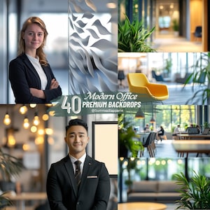 Könnte beinhalten: Eine Collage von Bildern, die moderne Büroumgebungen zeigen. Die Bilder zeigen Personen in Businesskleidung, Büroeinrichtungen mit Pflanzen und einen gelben Stuhl. Der Text lautet "40 Modern Office Premium Backdrops".