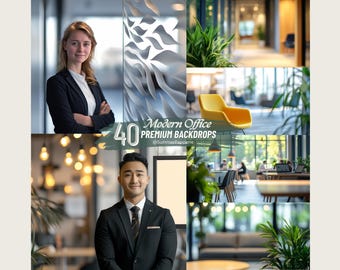 Op de afbeelding: Een collage van afbeeldingen met moderne kantooromgevingen. De afbeeldingen bevatten mensen in zakelijke kleding, kantoorinrichting met planten en een gele stoel. Tekst luidt "40 Modern Office Premium Backdrops".