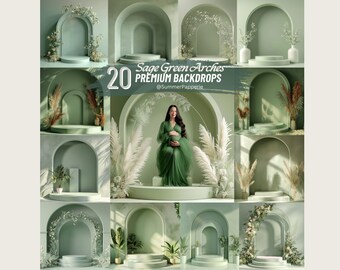 May include: 20 Sage Green Arches Premium Backdrops. A collection of 20 digital backdrops featuring sage green arches with various floral and foliage accents. The backdrops are perfect for product photography, branding, and social media content.