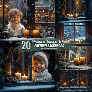 May include: A composite image featuring children in cozy winter attire, framed by vintage windows adorned with lit candles and festive greenery. The scene is set against a backdrop of falling snow, with the text "20 Christmas Vintage Window PREMIUM Backdrops".