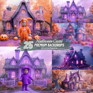 Könnte beinhalten: Ein Set mit 25 digitalen Halloween-Schloss-Hintergründen mit lila und rosa Schlössern mit leuchtenden Fenstern, Bäumen und Kürbissen. Der Text "Halloween Castle Premium Backdrops" wird in der Mitte des Bildes angezeigt.