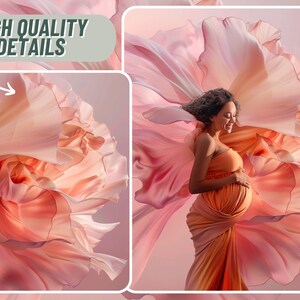 May include: A pregnant woman wearing a peach-coloured dress stands in front of a large, flowing, peach-coloured fabric. The fabric is draped around her and billows out behind her. The woman is smiling and holding her belly.