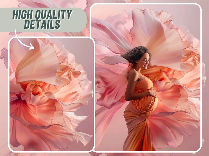 May include: A pregnant woman wearing a peach-coloured dress stands in front of a large, flowing, peach-coloured fabric. The fabric is draped around her and billows out behind her. The woman is smiling and holding her belly.