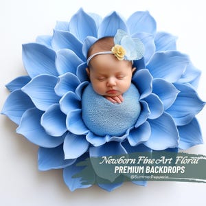 May include: A newborn baby sleeping in a blue flower-shaped prop. The baby is wearing a blue wrap and a headband with a flower accent. The background is white. Newborn Fine Art Floral Premium Backdrops @SummerPaperie.
