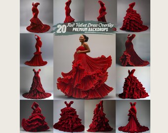 Puede incluir: 20 superposiciones de vestidos de terciopelo rojo para fondos de fotografía digitales. Las superposiciones presentan un vestido de terciopelo rojo con una falda fluida y un corpiño ajustado. Las superposiciones son perfectas para agregar un toque de elegancia y glamour a tus fotos.