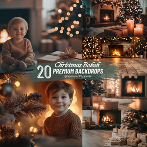 May include: A collage of Christmas-themed images featuring children, fireplaces, Christmas trees, and wrapped gifts. The text reads "Christmas Bokeh 20 Premium Backdrops @SummerPapperie."