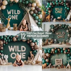 Wild One Jungle Safari Cake Smash Digital Backdrop for Baby&#39;s 1st Birthday Tropical Animal Theme Photography Background Balloons Backdrop