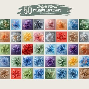 May include: 50 bright floral premium backdrops. A collection of 50 digital backdrops featuring colourful, crumpled tissue paper flowers. The backdrops are perfect for photographers, graphic designers, and crafters.