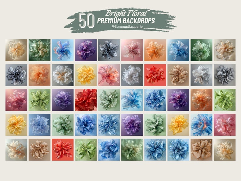 May include: 50 bright floral premium backdrops. A collection of 50 digital backdrops featuring colourful, crumpled tissue paper flowers. The backdrops are perfect for photographers, graphic designers, and crafters.