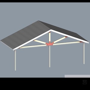 May include: A 3D rendering of a simple, open-air structure with a gabled roof. The roof is dark gray, supported by white posts and wooden beams. Red connectors join the beams.