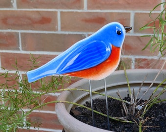 Blue Bird Fused Glass Garden Plant Stake, Flower Pot Poke