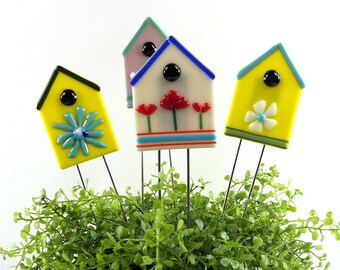 Birdhouse Plant Stake, Garden Art, Fused Glass Plant Poke, Outdoor Glass Flower Garden Décor