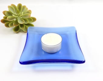 Fused Glass Trinket Ring Dish Blue Transparent