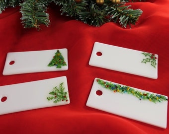 Fused Glass Christmas Gift Tags, Set of 4 Holiday Name Tags, Place Cards, Reusable Gift Tags