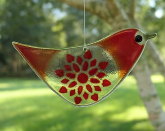 Red Robin Bird Ornament, Fused Glass Bird Sun Catcher, Garden Yard Art