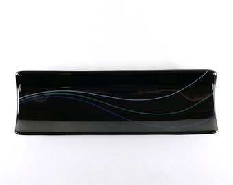 Black Glass Channel Plate Blue Stringer Accent, Fused Glass Rectangular Serving Tray
