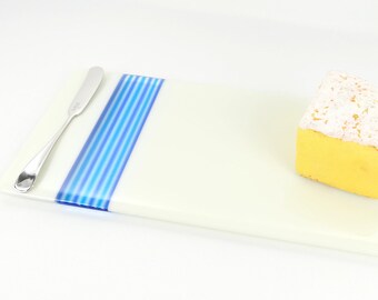 Cheese Tray, Fused Glass Appetizer Plate, Cheese Board with Stainless Steel Spreader, Blue Stripes
