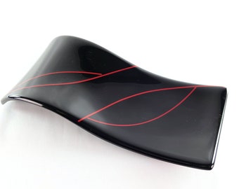 Spoon Rest, Contemporary Fused Glass Spoon Holder, Black and Red