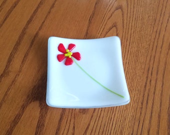 Red Flower Fused Glass Art Ring Trinket Dish, Valentine's Day Gift