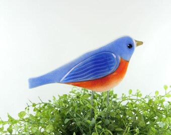 Blue Bird Fused Glass Garden Plant Stake, Outdoor Glass Garden Décor, Gift for Bird Lover, Nature Lover Gift