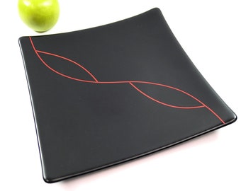 Contemporary Matte Black Fused Glass Plate with Red Accent, Valentine's Day Gift