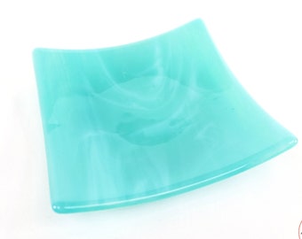 Wispy Blue Square Fused Glass Art Dish