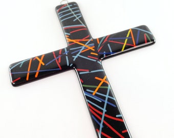 Fused Glass Wall Cross, Black Stringer