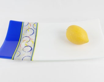 Fused Glass Art Tray Blue White Yellow