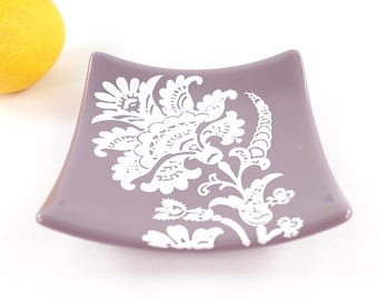 Fused Glass Art Plate, Art Glass Dish, Purple White Graphic Design