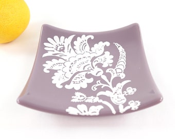 Fused Glass Art Plate: Purple Floral Graphic Design, 5" Square Dish