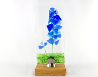 Bluebonnet Glass Art, Fused Glass Texas Wildflower Flower Suncatcher, Wood Stand Display, Housewarming Gift