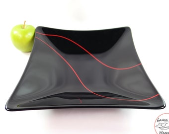 Art Glass Bowl Contemporary Square Black Bowl Red Accent Fused Glass, Valentine's Day Gift