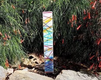 Garden Art, Fused Glass Streamer Plant Stake, Outdoor Glass Flower Garden Décor, White Multi Color