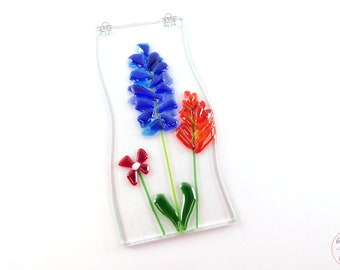 Fused Glass Flower Sun Catcher, Texas Wildflower Garden, Bluebonnet, Indian Paint Brush, Phlox, Glass Art Wall Hanging, Housewarming Gift