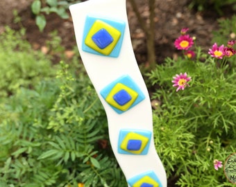 Glass Garden Art, Outdoor Flower Garden Décor, Fused Glass Geometric Garden Plant Stake, Turquoise Blue and Lemon Grass Yellow