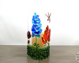 Candle Cover, Fused Glass Art Candle Shelter, Bluebonnet Indian Paintbrush Wildflower Garden, Texas Art