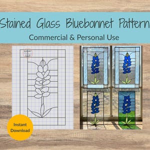 May include: An image featuring a stained glass bluebonnet pattern. The design includes a detailed blueprint and examples of finished panels with blue flowers and green stems. Text reads "Stained Glass Bluebonnet Pattern" and "Commercial & Personal Use."