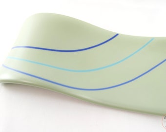 Spoon Rest, Contemporary Fused Glass Spoon Holder, Sage Green Blue Stripes