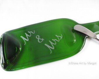 Melted Wine Bottle Cheese Board, Flat Serving Tray, Mr. & Mrs. Gift, Recycled Glass