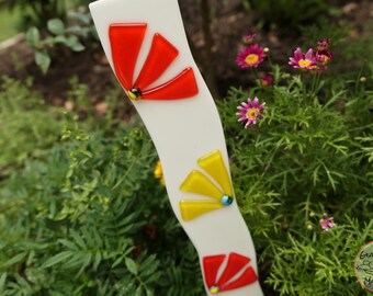 Garden Art, Outdoor Glass Flower, Fused Glass Wavy Flower Garden Stake, Plant Stake, Orange & Yellow