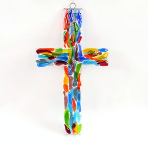 Fused Glass Cross, Suncatcher, Wall Décor, Rainbow