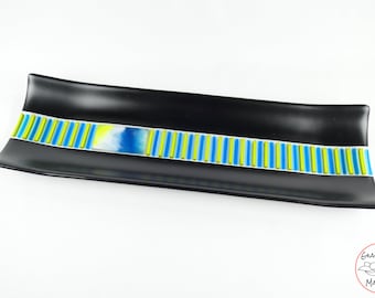 Fused Glass Channel Plate Contemporary Black Turquoise Yellow Stripes