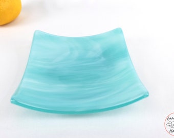 Square Wispy Blue Glass Art Plate