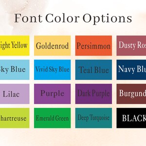 K&ouml;nnte beinhalten: Eine Tabelle mit 16 verschiedenen Schriftfarbenoptionen f&uuml;r Text. Die Farben umfassen leuchtend gelb, goldgelb, Persimone, staubiges Rosa, Himmelblau, leuchtend Himmelblau, blaugr&uuml;n, marineblau, Flieder, Lila, dunkelviolett, Burgunderrot, Chartreuse, smaragdgr&uuml;n, tief t&uuml;rkis und schwarz.